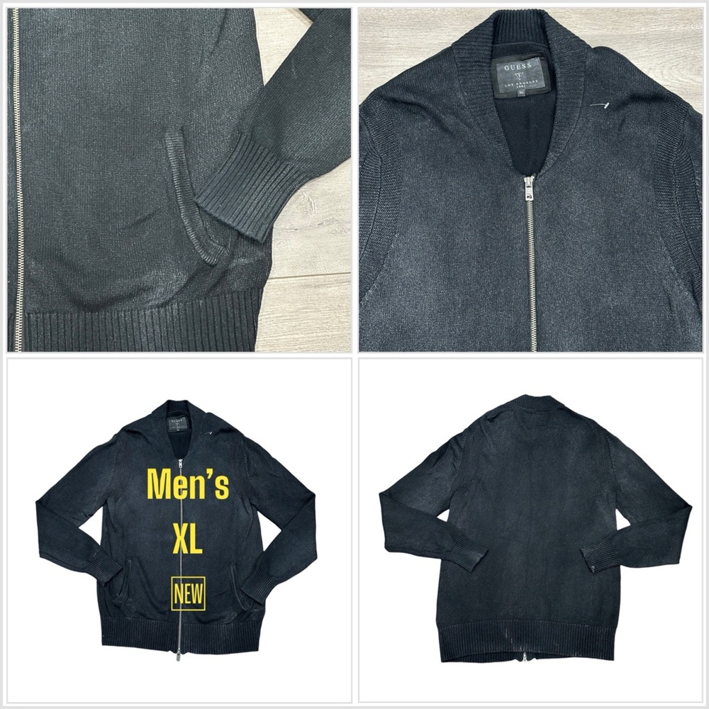 Men’s Guess XL Cozy Knit Sweater Full Zip Jacket Long Sleeve Black Pockets NWOT